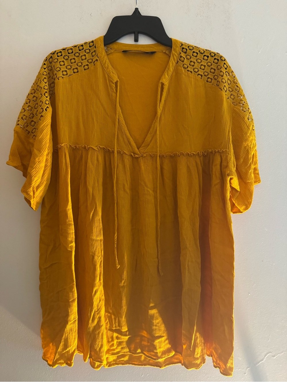 Zara Yellow Combined Guipure Lace Tunics Drawstring Neck Boho Women Size L